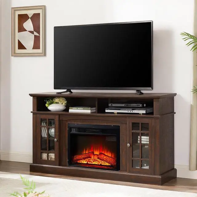 Alt view image 5 of 7 - 58" Farmhouse TV Stand with 23" Electric Fireplace Heater, Rustic Entertainment Center for TVs up to 65", Multi-Storage Cabinets, Stylish Home Decor for Cozy Living Rooms. (Espresso)