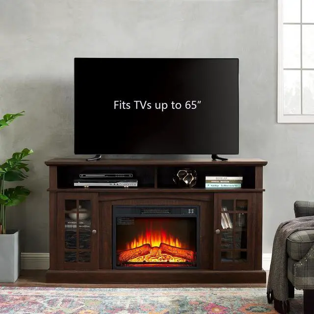 Alt view image 7 of 7 - 58" Farmhouse TV Stand with 23" Electric Fireplace Heater, Rustic Entertainment Center for TVs up to 65", Multi-Storage Cabinets, Stylish Home Decor for Cozy Living Rooms. (Espresso)