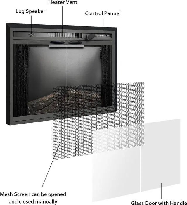 Alt view image 5 of 7 - 33 Electric Fireplace Inserts with Glass Door and Mesh Screen, Multicolor Flames & Fire Crackling Sounds, Timer, Overheating Protection Fireplace Heater, 750/1500W