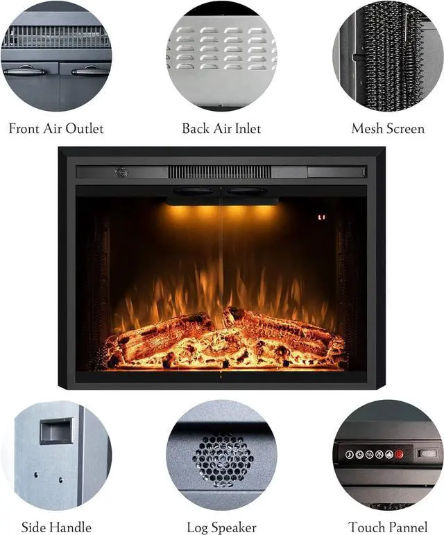 Alt view image 7 of 7 - 33 Electric Fireplace Inserts with Glass Door and Mesh Screen, Multicolor Flames & Fire Crackling Sounds, Timer, Overheating Protection Fireplace Heater, 750/1500W