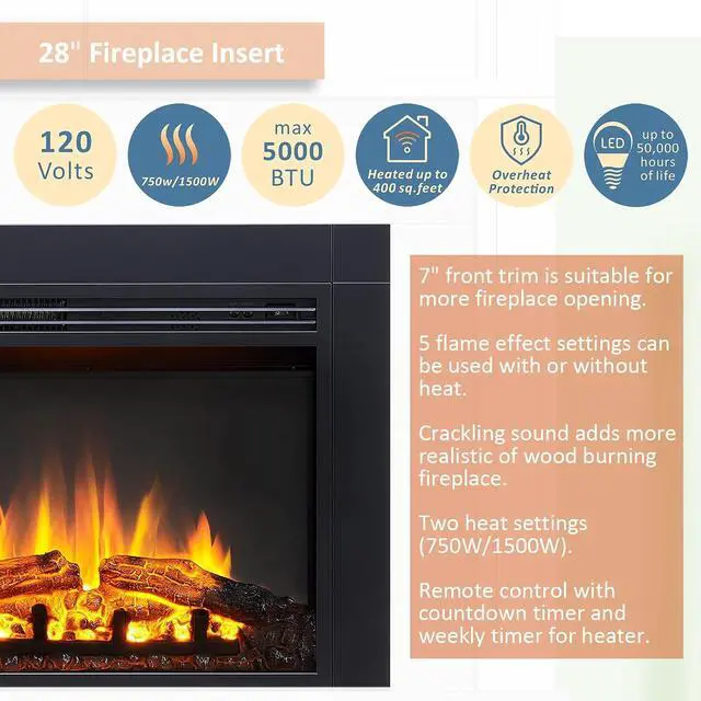 Alt view image 5 of 7 - LegendFlame Jaden 28" W x 22" H (EF321) Electric Fireplace Insert with Front Trim Kit, Fire Crackling Sound, 750W/1500W Heater, Remote Control