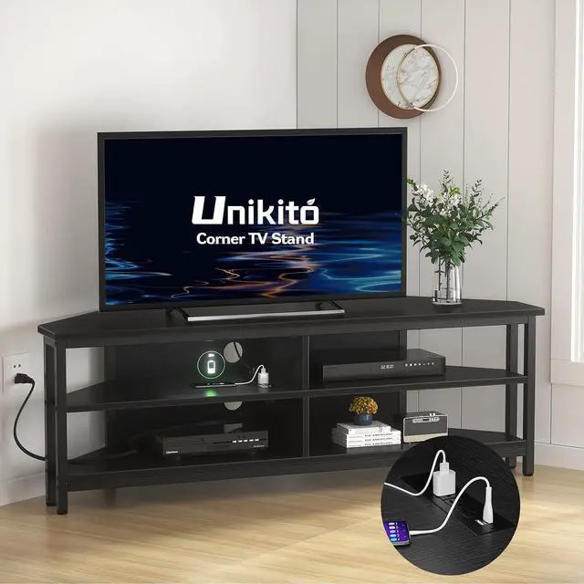 Main image of Unikito Corner TV Stand With Power Outlet, Corner Entertainment Center Corner TV Table With 4 Open Storage Corner TV Cabinet Wood TV Stand For Living Room,Bedroom Corner TV Stand For 55 inch TV, Black