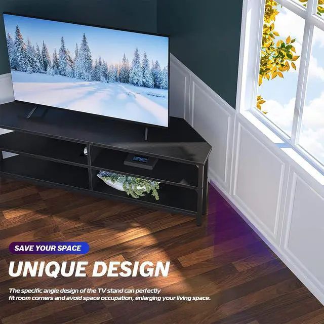 Alt view image 2 of 7 - Unikito Corner TV Stand With Power Outlet, Corner Entertainment Center Corner TV Table With 4 Open Storage Corner TV Cabinet Wood TV Stand For Living Room,Bedroom Corner TV Stand For 55 inch TV, Black