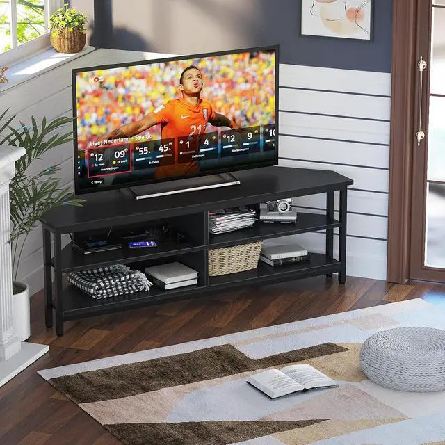 Alt view image 3 of 7 - Unikito Corner TV Stand With Power Outlet, Corner Entertainment Center Corner TV Table With 4 Open Storage Corner TV Cabinet Wood TV Stand For Living Room,Bedroom Corner TV Stand For 55 inch TV, Black