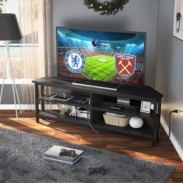 Alt view image 4 of 7 - Unikito Corner TV Stand With Power Outlet, Corner Entertainment Center Corner TV Table With 4 Open Storage Corner TV Cabinet Wood TV Stand For Living Room,Bedroom Corner TV Stand For 55 inch TV, Black