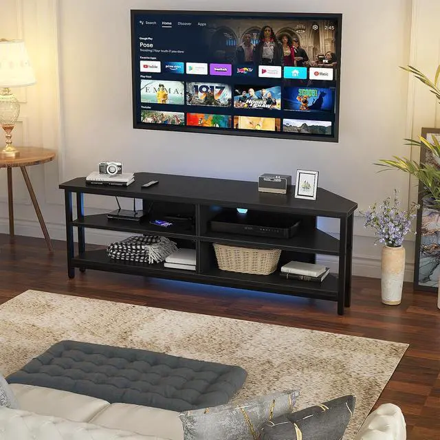 Alt view image 6 of 7 - Unikito Corner TV Stand With Power Outlet, Corner Entertainment Center Corner TV Table With 4 Open Storage Corner TV Cabinet Wood TV Stand For Living Room,Bedroom Corner TV Stand For 55 inch TV, Black