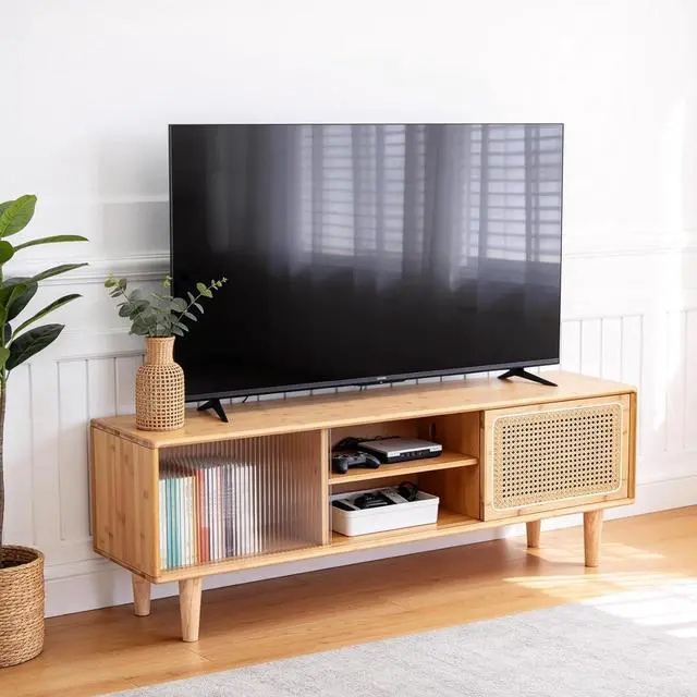 Main image of Tiita Rattan TV Stand for 55 Inch TV, Bamboo Cabinet with Storage, Wood