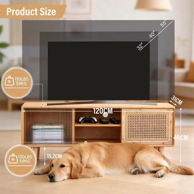 Alt view image 2 of 7 - Tiita Rattan TV Stand for 55 Inch TV, Bamboo Cabinet with Storage, Wood