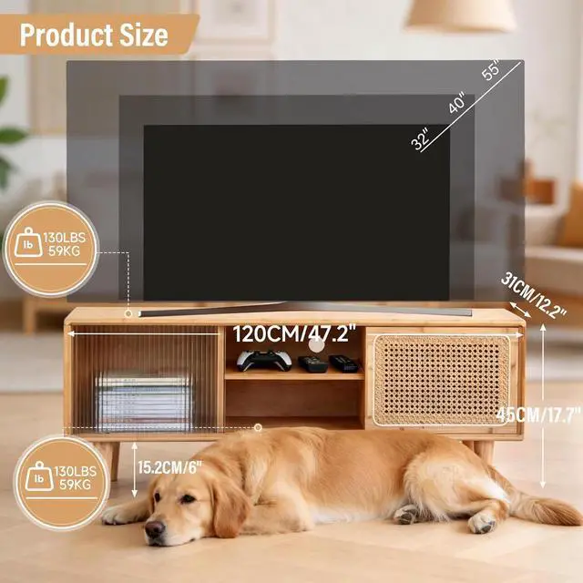Alt view image 3 of 7 - Tiita Rattan TV Stand for 55 Inch TV, Bamboo Cabinet with Storage, Wood