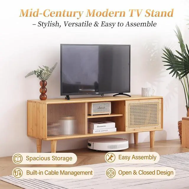 Alt view image 4 of 7 - Tiita Rattan TV Stand for 55 Inch TV, Bamboo Cabinet with Storage, Wood