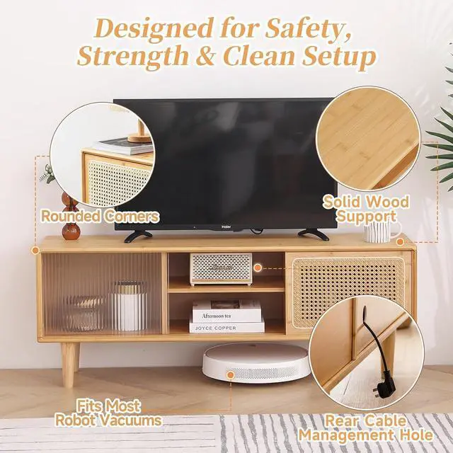 Alt view image 5 of 7 - Tiita Rattan TV Stand for 55 Inch TV, Bamboo Cabinet with Storage, Wood