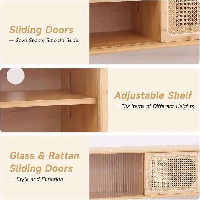 Alt view image 6 of 7 - Tiita Rattan TV Stand for 55 Inch TV, Bamboo Cabinet with Storage, Wood