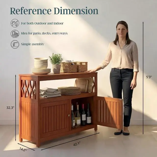 Alt view image 3 of 7 - DTY Outdoor Living Longs Peak Eucalyptus Wood Sideboard Table, Outdoor Buffet Cabinet with Storage, Natural Oil Weather-Resistant Finish