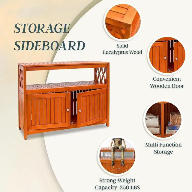 Alt view image 7 of 7 - DTY Outdoor Living Longs Peak Eucalyptus Wood Sideboard Table, Outdoor Buffet Cabinet with Storage, Natural Oil Weather-Resistant Finish
