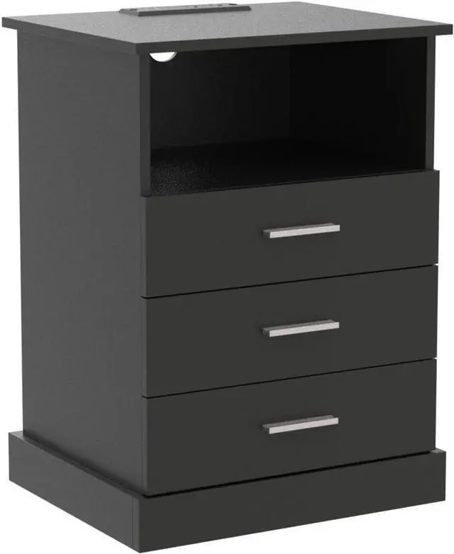 Alt view image 5 of 7 - Halitaa Black LED Nightstand with Charging Station, Side Table with 3 Drawers and Light, End Table with Open Storage, Beside Cabinet for Bedroom (Black)