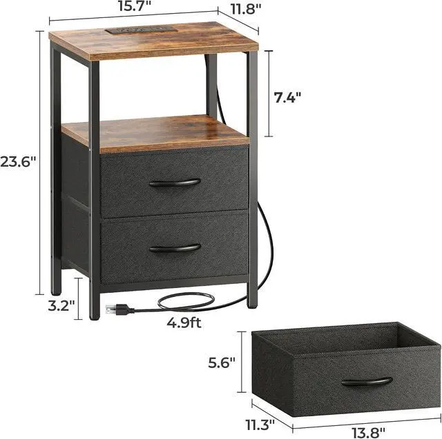 Alt view image 2 of 7 - Huuger Nightstand with Charging Station, Side Table with Fabric Drawers