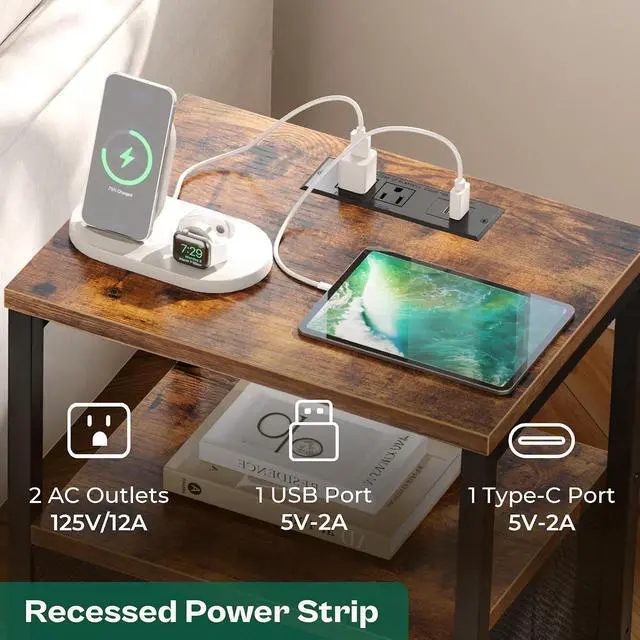 Alt view image 3 of 7 - Huuger Nightstand with Charging Station, Side Table with Fabric Drawers