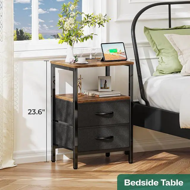 Alt view image 4 of 7 - Huuger Nightstand with Charging Station, Side Table with Fabric Drawers