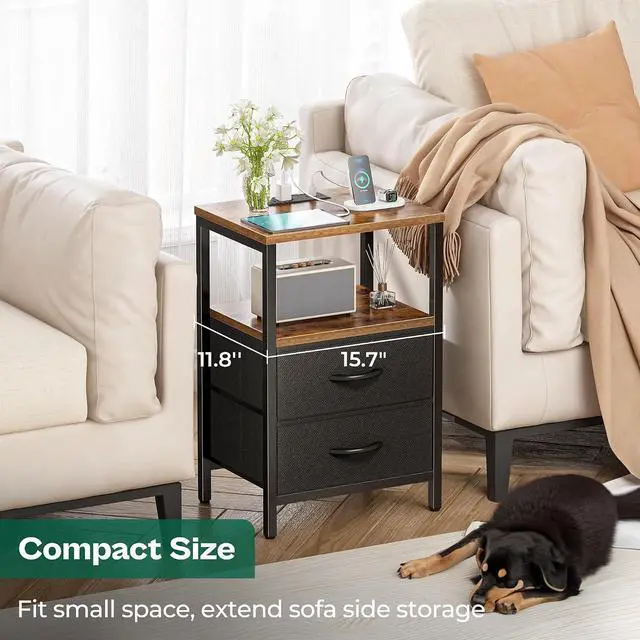Alt view image 6 of 7 - Huuger Nightstand with Charging Station, Side Table with Fabric Drawers