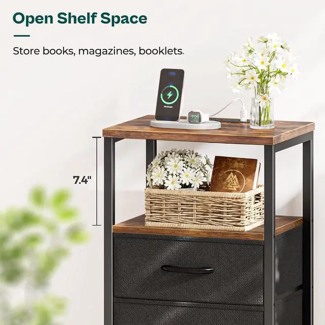 Alt view image 7 of 7 - Huuger Nightstand with Charging Station, Side Table with Fabric Drawers