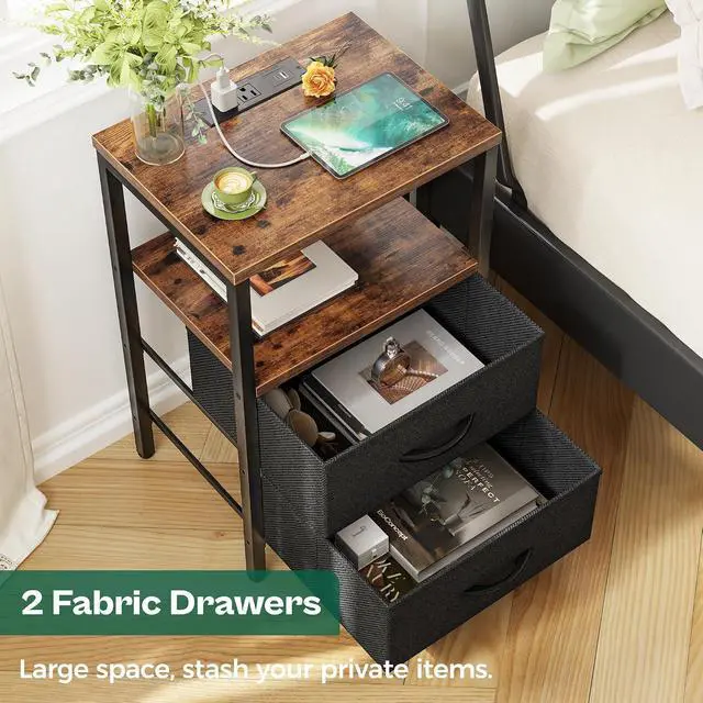 Alt view image 5 of 7 - Huuger Nightstand with Charging Station, Side Table with Fabric Drawers