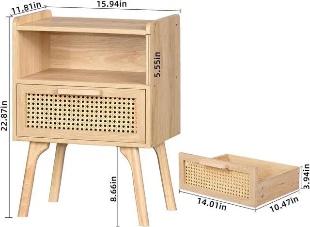 Alt view image 3 of 7 - Lerliuo Rattan Nightstand, Boho Side Table with Drawer Open Shelf