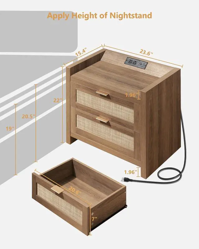 Alt view image 3 of 7 - SICOTAS Rattan Nightstand Set of 2, Bedside Table with 2 Large Drawers