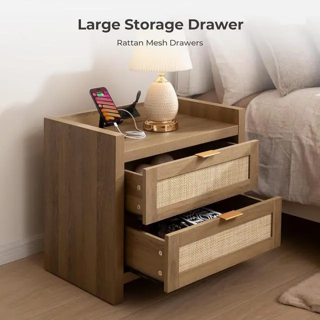 Alt view image 4 of 7 - SICOTAS Rattan Nightstand Set of 2, Bedside Table with 2 Large Drawers