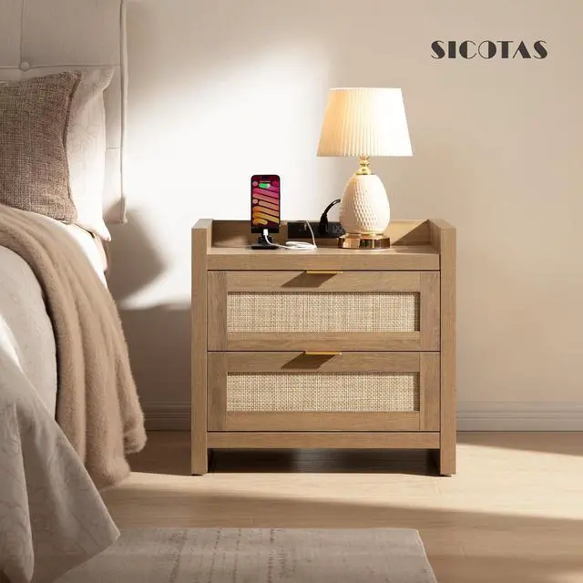 Alt view image 6 of 7 - SICOTAS Rattan Nightstand Set of 2, Bedside Table with 2 Large Drawers