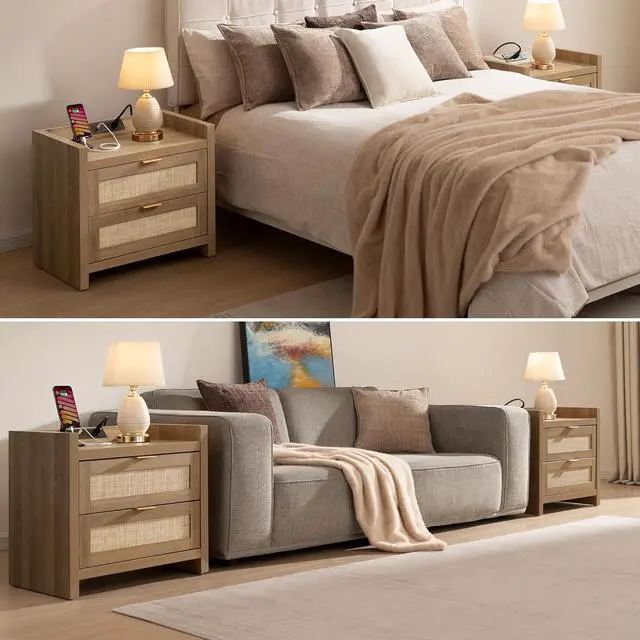 Alt view image 7 of 7 - SICOTAS Rattan Nightstand Set of 2, Bedside Table with 2 Large Drawers