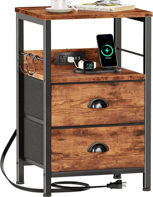 Main image of Nightstand with Charging Station for Dorm, 2 Fabric Drawers, Rustic Brown