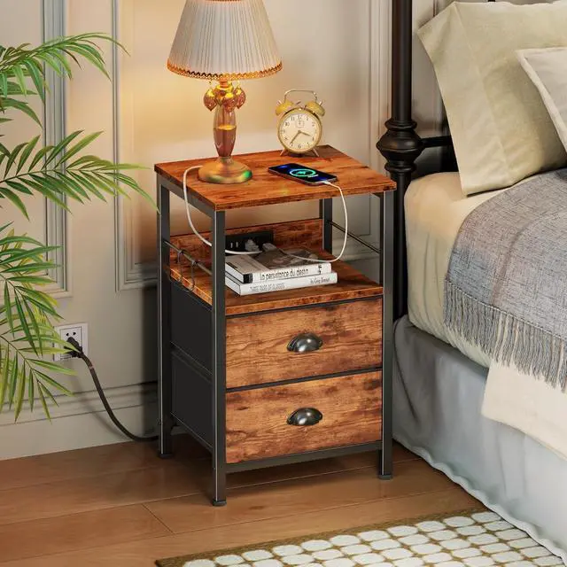 Alt view image 2 of 7 - Nightstand with Charging Station for Dorm, 2 Fabric Drawers, Rustic Brown
