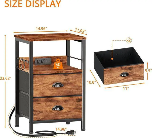 Alt view image 3 of 7 - Nightstand with Charging Station for Dorm, 2 Fabric Drawers, Rustic Brown