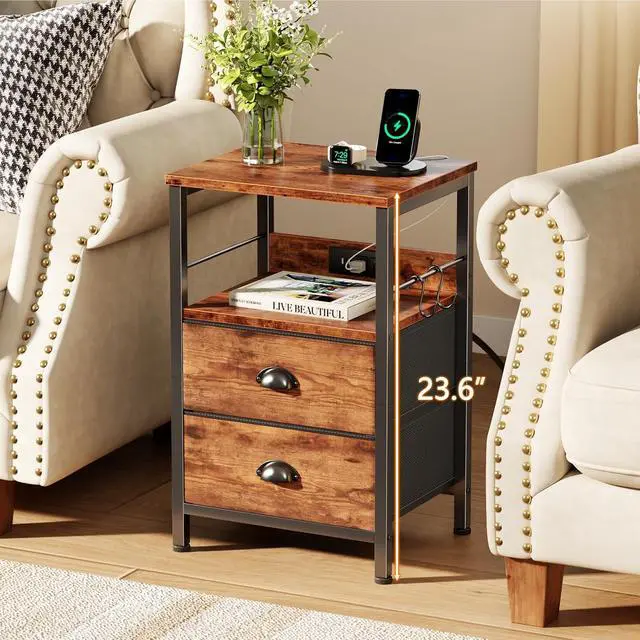 Alt view image 4 of 7 - Nightstand with Charging Station for Dorm, 2 Fabric Drawers, Rustic Brown