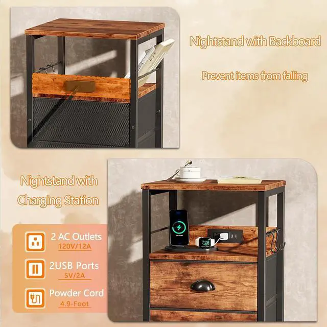 Alt view image 5 of 7 - Nightstand with Charging Station for Dorm, 2 Fabric Drawers, Rustic Brown