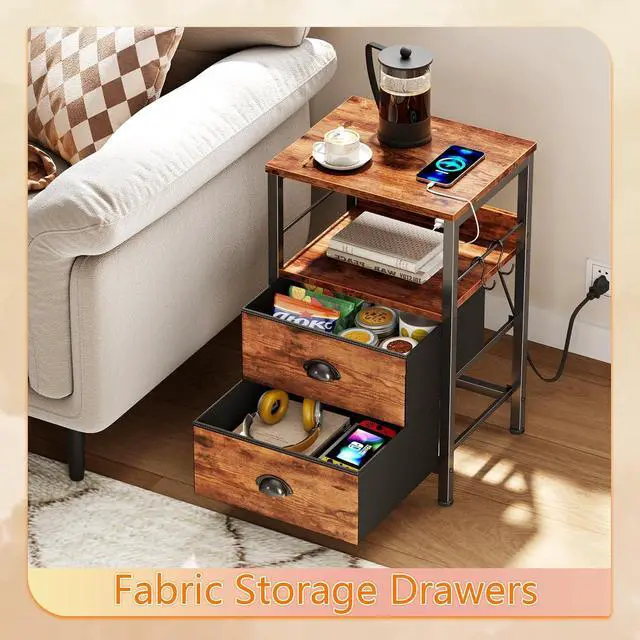 Alt view image 6 of 7 - Nightstand with Charging Station for Dorm, 2 Fabric Drawers, Rustic Brown