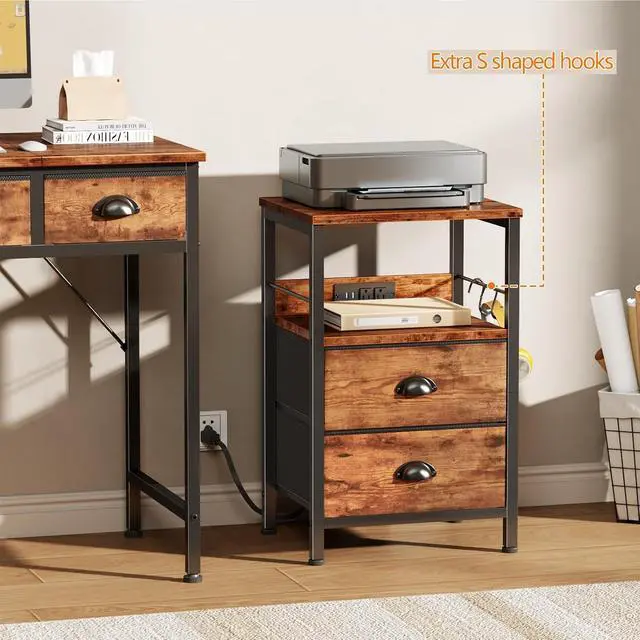 Alt view image 7 of 7 - Nightstand with Charging Station for Dorm, 2 Fabric Drawers, Rustic Brown