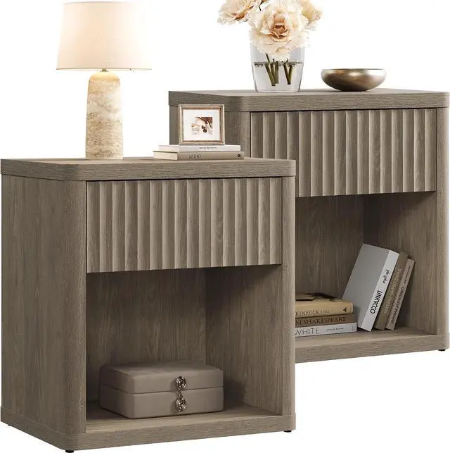 Main image of SICOTAS Night Stand Set of 2 Nightstands with Drawer Storage Fluted Bed Side Table End Table Large Modern Wide Bedside Stand Mid Century Night Stands for Bedroom Living Room Sofa Office, Grey Alder