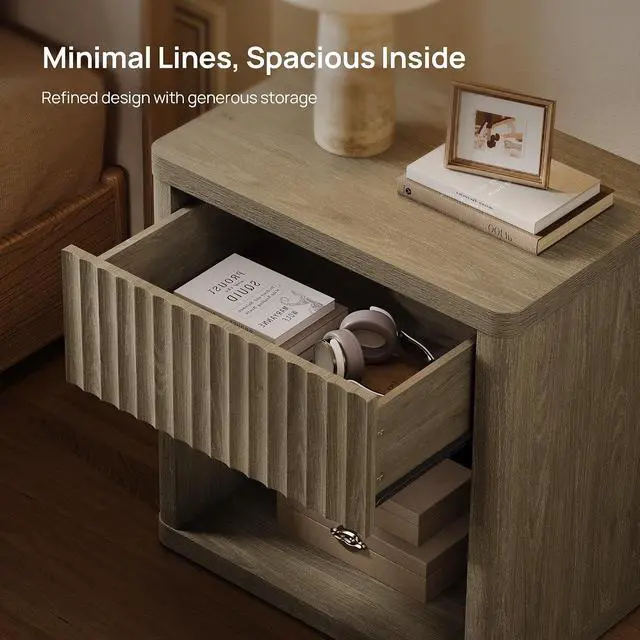 Alt view image 6 of 7 - SICOTAS Night Stand Set of 2 Nightstands with Drawer Storage Fluted Bed Side Table End Table Large Modern Wide Bedside Stand Mid Century Night Stands for Bedroom Living Room Sofa Office, Grey Alder