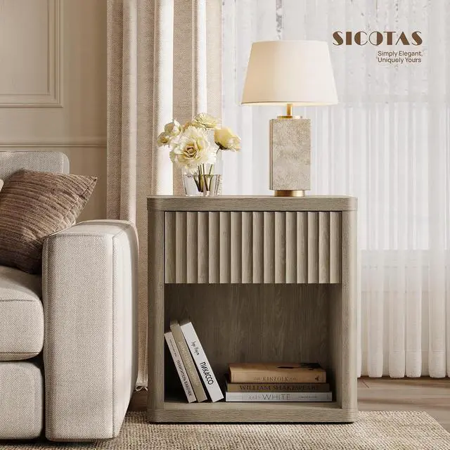 Alt view image 7 of 7 - SICOTAS Night Stand Set of 2 Nightstands with Drawer Storage Fluted Bed Side Table End Table Large Modern Wide Bedside Stand Mid Century Night Stands for Bedroom Living Room Sofa Office, Grey Alder