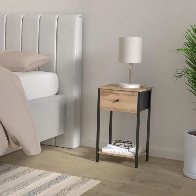 Alt view image 2 of 7 - VASAGLE Nightstand, Side Table with Fabric Drawer, 24-Inch Tall End Table with Storage Shelf, Bedroom, Toasted Oak ULGS021B50