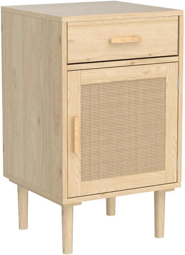 Alt view image 4 of 7 - Finnhomy Tall Nightstands Set of 2, Night Stand, Bedside Table Set of 2 with Drawer and Shelf, Hand Made Rattan Decorated Doors, Nightstands with Storage for Bedroom, Natural, 2 Pack