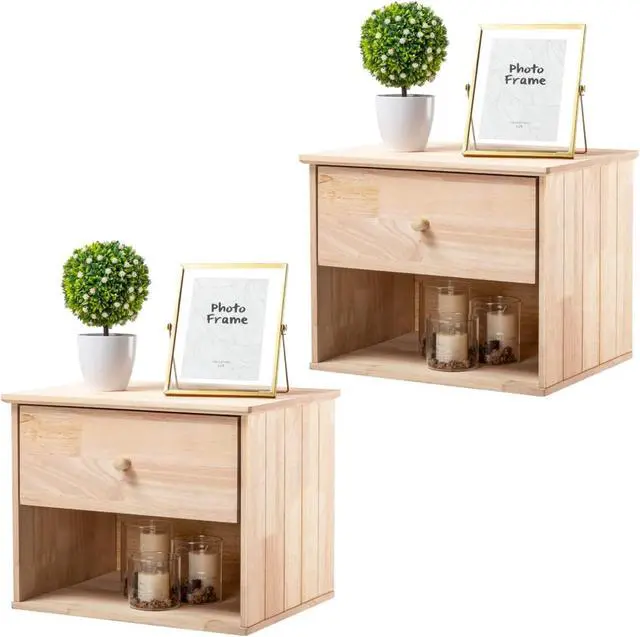 Main image of VINGLI Unfinished Natural Solid Wood Floating Nightstand for Bedroom Set of 2, Small Nightstand with Drawer & Open Shelf, Farmhouse Night Stand Wall-Mounted Bedside Table for Small Space Color DIY