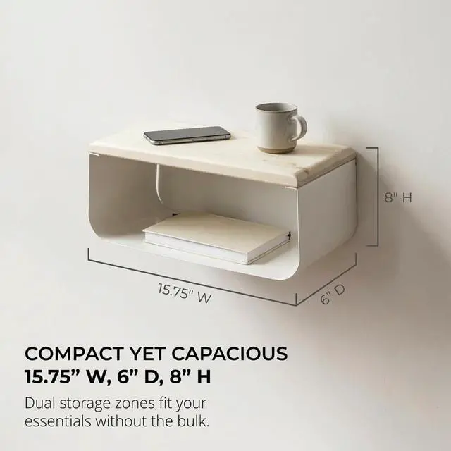 Alt view image 3 of 7 - Floating Nightstand with Spruce Top | Modern Bedroom Decor | Minimalist Wall-Mounted Bedside Nightstand| Wall Mounted Shelf | Cloudy Oasis: Serene White