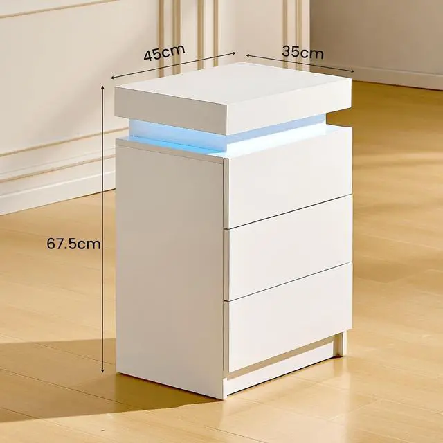 Alt view image 2 of 7 - CLIPOP Modern Nightstand, LED Night Stand with 3 High Gloss Chest of Drawers, Bedside Table Cabinet with Remote Control Lights, Wood Matte Nightstand 21.6" Tall Bedroom Furniture, White