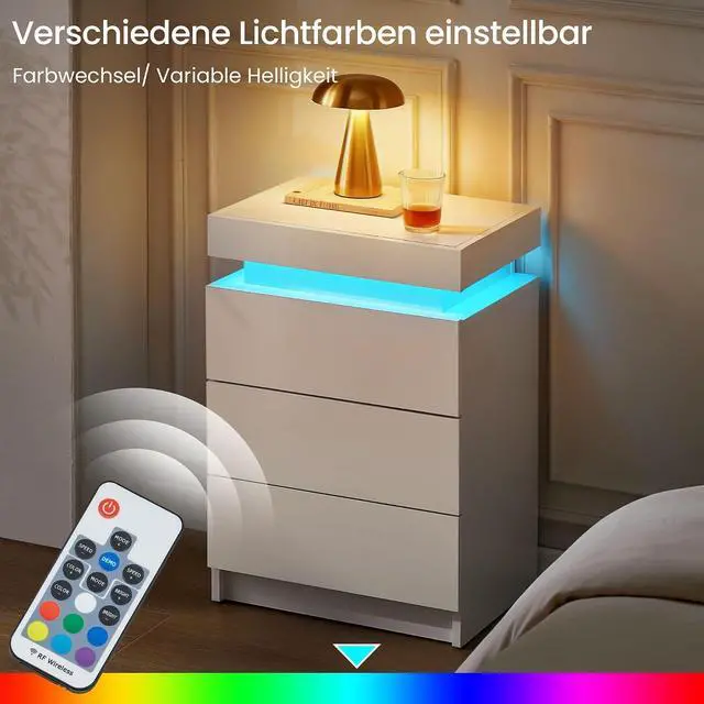 Alt view image 3 of 7 - CLIPOP Modern Nightstand, LED Night Stand with 3 High Gloss Chest of Drawers, Bedside Table Cabinet with Remote Control Lights, Wood Matte Nightstand 21.6" Tall Bedroom Furniture, White