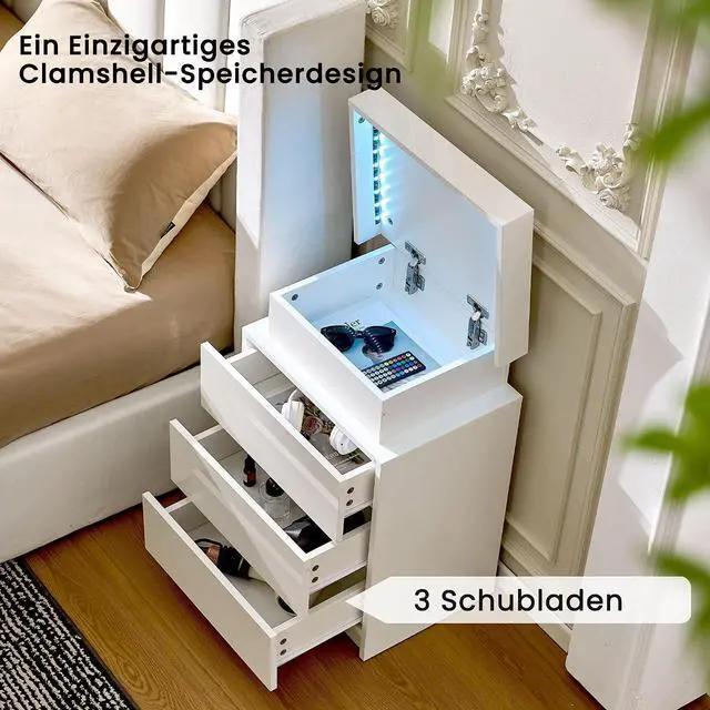 Alt view image 4 of 7 - CLIPOP Modern Nightstand, LED Night Stand with 3 High Gloss Chest of Drawers, Bedside Table Cabinet with Remote Control Lights, Wood Matte Nightstand 21.6" Tall Bedroom Furniture, White