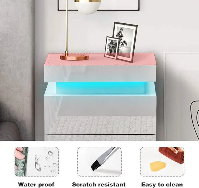 Alt view image 6 of 7 - CLIPOP Modern Nightstand, LED Night Stand with 3 High Gloss Chest of Drawers, Bedside Table Cabinet with Remote Control Lights, Wood Matte Nightstand 21.6" Tall Bedroom Furniture, White