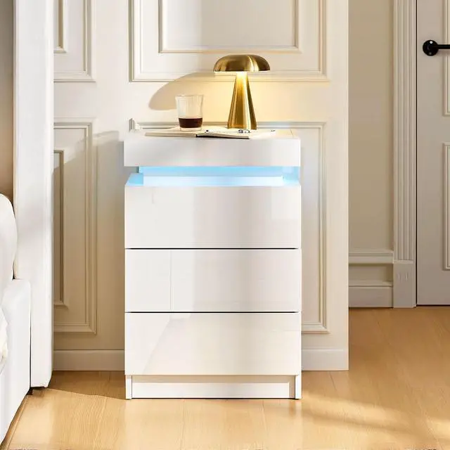 Alt view image 7 of 7 - CLIPOP Modern Nightstand, LED Night Stand with 3 High Gloss Chest of Drawers, Bedside Table Cabinet with Remote Control Lights, Wood Matte Nightstand 21.6" Tall Bedroom Furniture, White