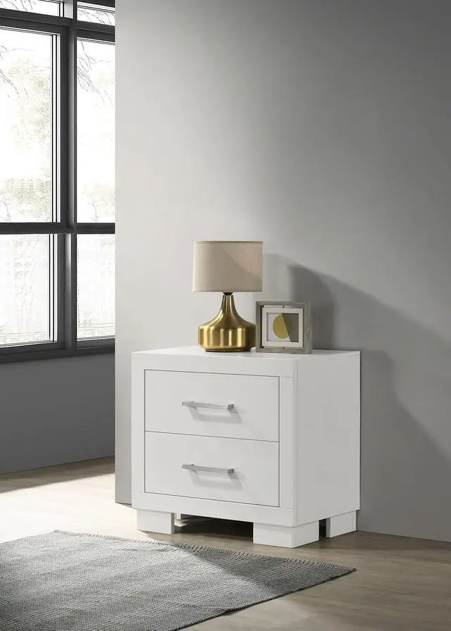 Alt view image 2 of 7 - Coaster Home Furnishings - Jessica - Wood - 2-Drawer Nightstand with Silver Bar Handles, Flat Drawer Fronts, Boxy Frame and Hidden Storage - Bedroom - Snow White - 202992